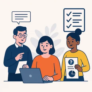 Flat-style illustration of diverse professionals discussing organizational climate
