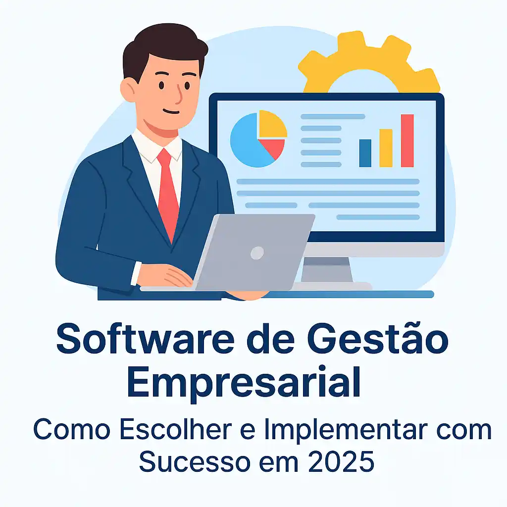 Ilustração digital representando um software de gestão empresarial, com ícones de automação, gráficos, equipe conectada e processos integrados, simbolizando eficiência, controle e tecnologia.