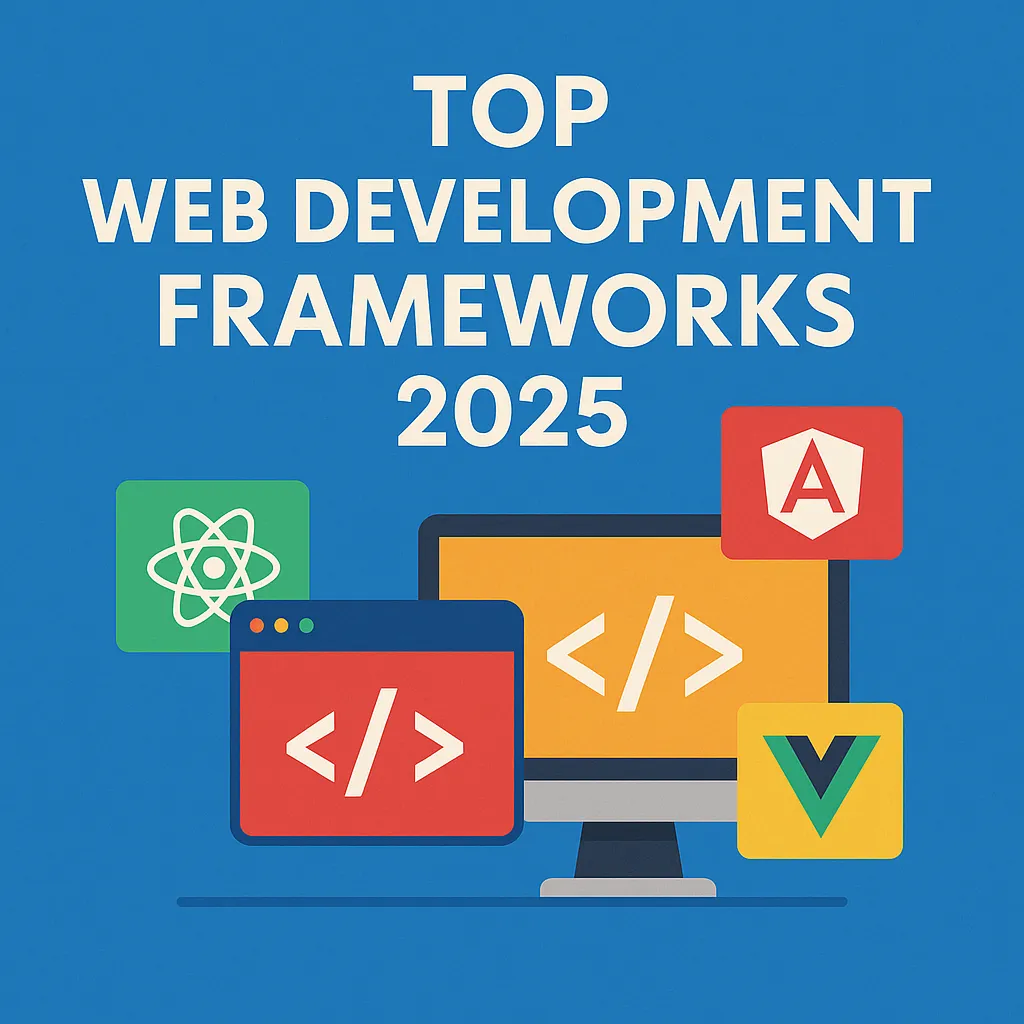 Illustration showing logos and interface elements of top web development frameworks in 2025, including React, Vue, Svelte, and Next.js.