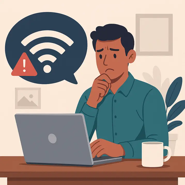 Person at laptop worried about WiFi intrusion, with alert symbol in speech bubble