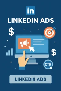 Ilustração de anúncios no LinkedIn com gráficos, ícones e profissionais em uma mesa digital