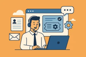 Illustration of a smiling customer support agent using the best help desk software for small business, with ticketing system icons, live chat features, and cloud-based support tools in a startup environment.