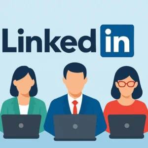 Imagem ilustrativa do LinkedIn Ads com fundo azul e ícones digitais