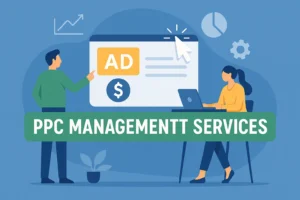 Ilustração plana com banner digital mostrando profissionais analisando estratégias de PPC e anúncios pagos