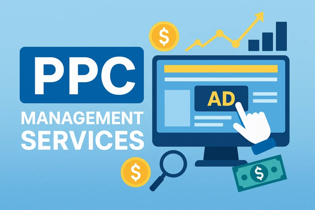 Ilustração digital mostrando profissionais gerenciando campanhas de PPC em telas de computador